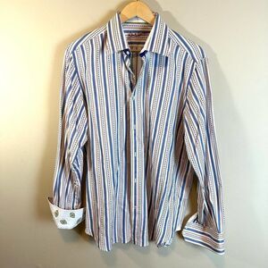 Robert Graham‎ Blue Stripe Paisley  Button Up Shirt Men’s L Read